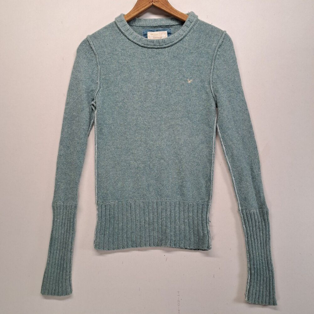 American Eagle Small Sweater Wool Blend Y2K Blue Crew Neck Eagle Logo Coquette